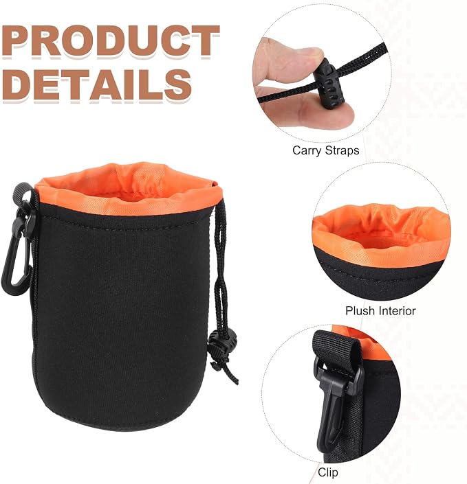 PATIKIL Camera Lens Pouch, 4" ID x 6" H Drawstring Orange Interior Lens Pouch Protective Camera Lens Case Bag Soft Plush Neoprene Bag for DSLR Photography Gear, Black/Orange - Image 3