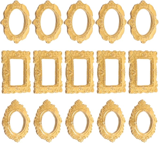 15pcs Mini Vintage Resin Picture Frame Antique Tiny Oval Rectangle Baroque Display Photography DIY Small Photo Frame for Home Decoration Miniature Landscape DIY Crafts (Gold) - Image 2