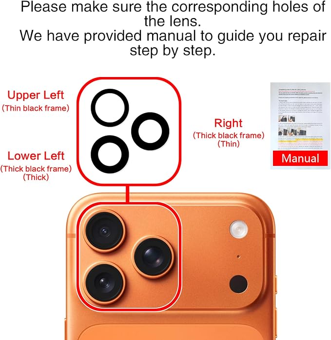 2PCS ASDAWN Back Rear Camera Lens Glass Replacement for iPhone 17 Pro Max and 17 Pro Camera Glass Lens Replacement with Pre-Installed Adhesive + Repair Tool Kit + Installation Manual - Image 7