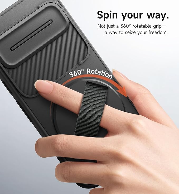SURITCH for Google Pixel 10/10 Pro Case with 360° Rotatable Hand Strap Phone Grip Holder & Invisible Kickstand & Slide Camera Cover, Protective Cover for Pixel 10/10 Pro -Black - Image 3