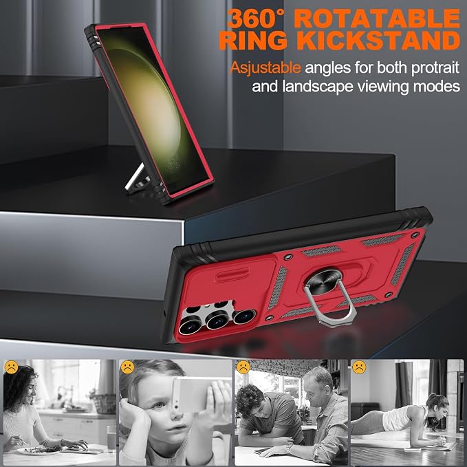 Gritup for Samsung Galaxy S23 Ultra Case with 2PCS Screen Protector, Build in 360° Rotating Ring Kickstand, Military Grade Protective Case for S23 Ultra Phone, Red+Black - Image 8