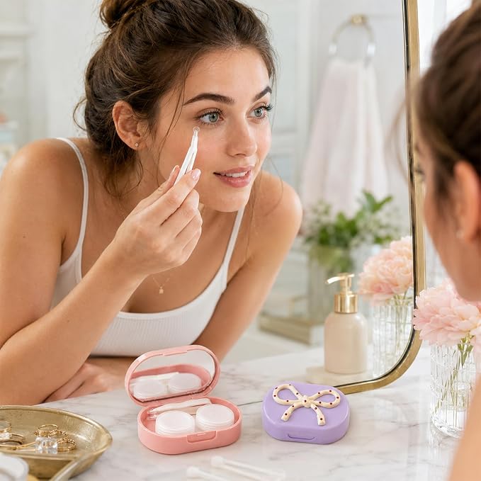 Cute Bow Contact Lens Case, Portable Travel Contact Lens Holder with Mirror, Aesthetic Bow Tie Contact Lenses Kit for Daily & Travel Use (#Style B) - Image 6