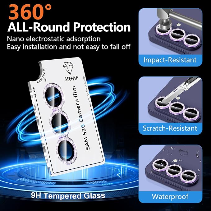 for Samsung Galaxy S26 Camera Lens Protector, Individual Metal Ring Tempered Glass Lens Cover, [Strong Adsorption] Scratch Resistant Ultra-Thin HD Clear Lens Cover, 1 Set-Purple Diamond - Image 2