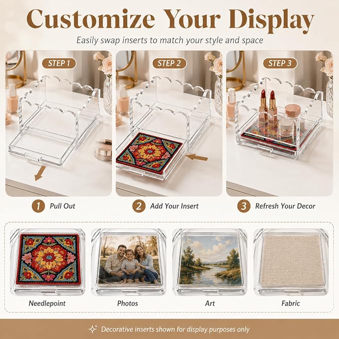 2 Pack Scalloped Acrylic Trays with Insert Drawer, 4" x 4" and 5" x 5" | Clear Display Trays for Needlepoint Inserts, Photos, Art, Fabric, Jewelry Organizer, Vanity and Home Office Desk Decor Gift - Image 3