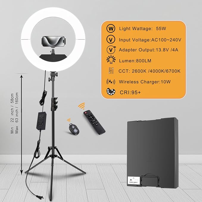 Ring Light 18 INCH Kit,55W6700k Dimmable LED Light, Tripod Stand, Remote Controller,Box for Camera,Smartphone,YouTube,TikTok,Self-Portrait Shooting,CRI95 (Black) - Image 3
