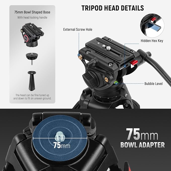 NEEWER 74" Video Tripod with Fluid Head & Damping Control, Aluminum Heavy Duty Camera Stand Professional with QR Plate for DSLR Camcorders for Video Recording, Cleaning Cloth, Max Load 17.6 lbs, TP74 - Image 7