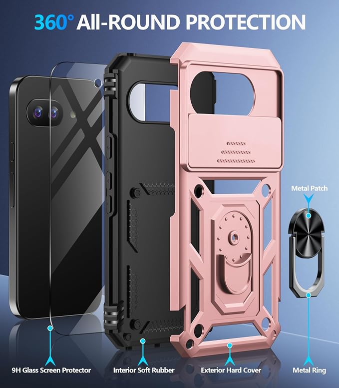 Taisairu for Google Pixel 9A Case with Screen Protector & Slide Camera Lens Cover, Built-in 360°Rotate Magnetic Ring Stand Shockproof Protective Phone Case for Google Pixel 9A Case (Rose Gold) - Image 2