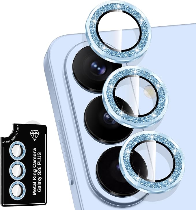 for Samsung Galaxy S26 Plus Camera Lens Protector, Individual Metal Ring Tempered Glass Lens Cover, [Strong Adsorption] Scratch Resistant Ultra-Thin HD Clear Lens Cover, 1 Set-Blue Sparkly by Btscase