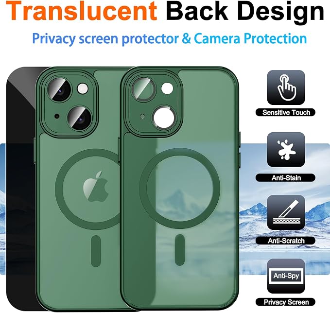 for iPhone 14 Case with Privacy Screen Protector, Green | Full Camera Protection, Translucent Matte Magnetic, Compatible with MagSafe, Shockproof Phone Cover, Slim Fit - Image 2