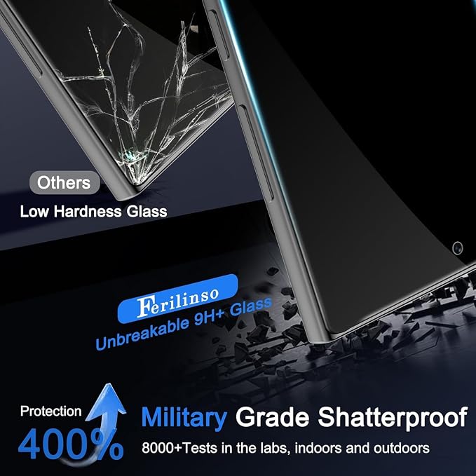 Ferilinso 3 Pack Privacy Screen Protector for Samsung Galaxy S25 Ultra | 9H+ Tempered Glass, Military-Grade Shatterproof, HD, Case Friendly, Easy Installation Bubble Free, with Camera Lens Protector - Image 6
