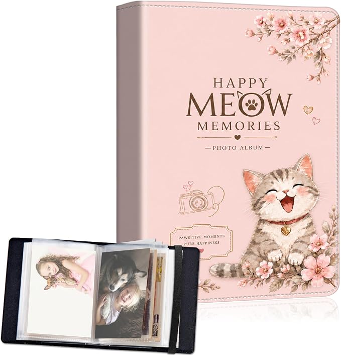 DEGDFSGR 4x6 Small Photo Album, 60 Pockets Holds 120 Photos | Slip-in pockets, black elastic band, portable for family, wedding, baby, travel photos, Pastel Pink Cherry Blossom Cat by Unknown
