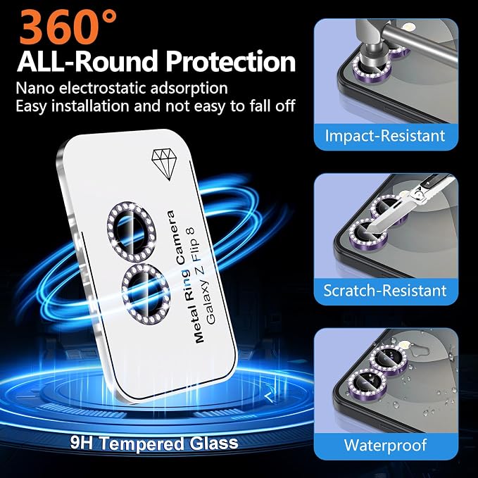 for Samsung Galaxy Z Flip 8 Camera Lens Protector, Individual Metal Ring Tempered Glass Lens Cover, [Strong Adsorption] Scratch Resistant Ultra-Thin HD Clear Lens Cover, 1 Set-Violet Diamond - Image 2
