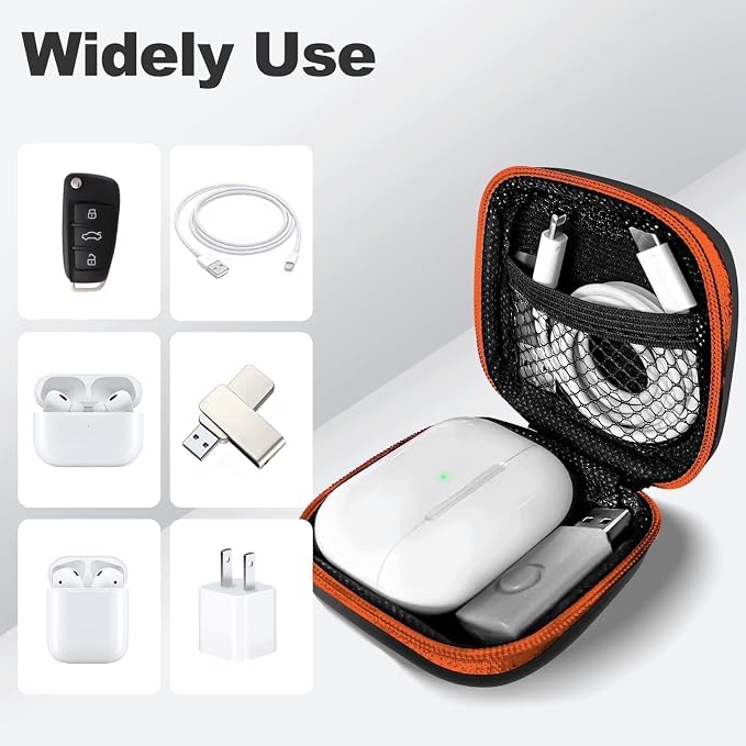 Square Earbud Case Portable EVA Carrying Case Storage Bag Cell Phone Accessories Organizer with Carabiner for Earphone, Earbud, Earpieces, SD Memory Card, Camera Chips, Tech Pouch, Orange1 - Image 3