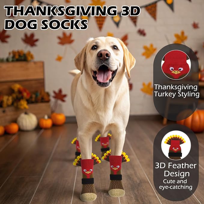 EXPAWLORER Thanksgiving Anti Slip Dog Socks to Prevent Licking Paws,Boots & Paw Protectors with Grippers,Doggie Booties for Hardwood Floors for Small Medium Large Senior Dogs Lifelike Costume Turkey S - Image 5