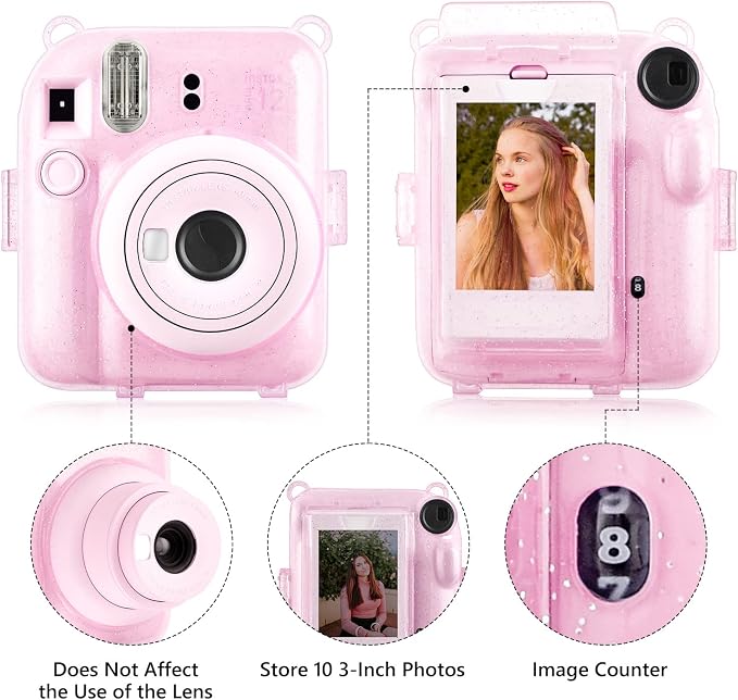 Rieibi Clear Case Compatible with Fuji Instax Mini 12 - Glitter Case Bag for Fujifilm Instax Mini 12 Instant Camera with Back Pocket, Strap and Photo Album - Glitter Pink - Image 4