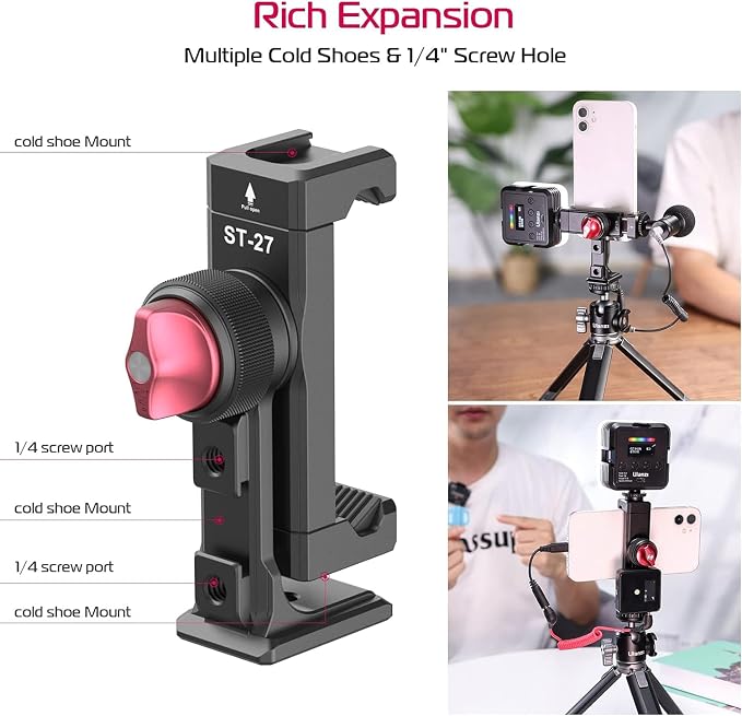 Metal Phone Tripod Mount 3 Cold Shoes & Arca Port, 360° Smartphone Tripod Adapter for iPhone 17 16 15 Cell Phone Stand Holder for Desktop Video Live Streaming Vlogging Rig (Pack of 2) - Image 3