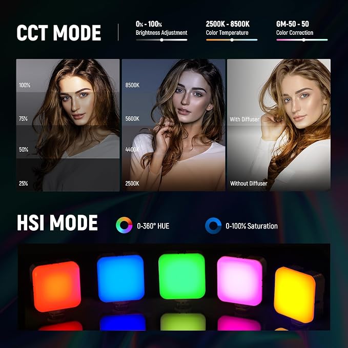 NEEWER RGB62 Magnetic RGB Video Light with Upgraded App Control | 360° Full Color, LED Camera Light, 3 Cold Shoes, CRI97+, 2500K-8500K, 17 Scenes, 2000mAh Rechargeable, Photography Lighting - Image 3
