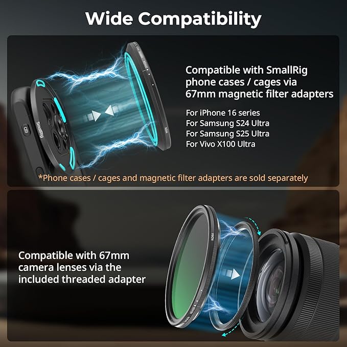 SmallRig Magnetic 67mm VND Filter ND64-ND400 (6-9 Stop), Adjustable ND Filter for iPhone 16 / S24 Ultra/for Vivo X100 & 67mm Camera Lenses, No X Cross HD Optical Glass, with Threaded Adapter - 5169 - Image 5