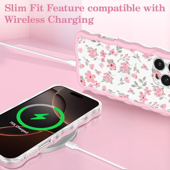 QLTYPRI for iPhone 15 Pro Max Pink Flower Case, Clear Cute Pink Floral Flower Phone Case Curly Wavy Aesthetic Phone Cover, Soft Slim Transparent TPU Shockproof Protective Cover for Women Girls - Pink - Image 5