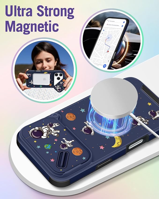 Buleens for iPhone 17 Pro Max Case 6.9 Inch - with Ring Stand & Camera Cover Aesthetic Cute Designed for Women Girls Girly Cartoon Astronaut Phone Case for iPhone 17 Pro Max Compatible with Magsafe - Image 4