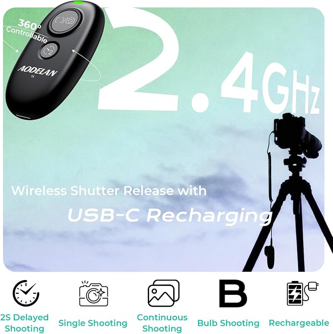 USB-C Rechargeable Wireless Camera Remote Shutter Release for Nikon | D200, D300, D750, D5000, D5100, D5200, D5600, D7200, D7500, Z6, Z7, D800, D850, Coolpix P1000 - Image 2