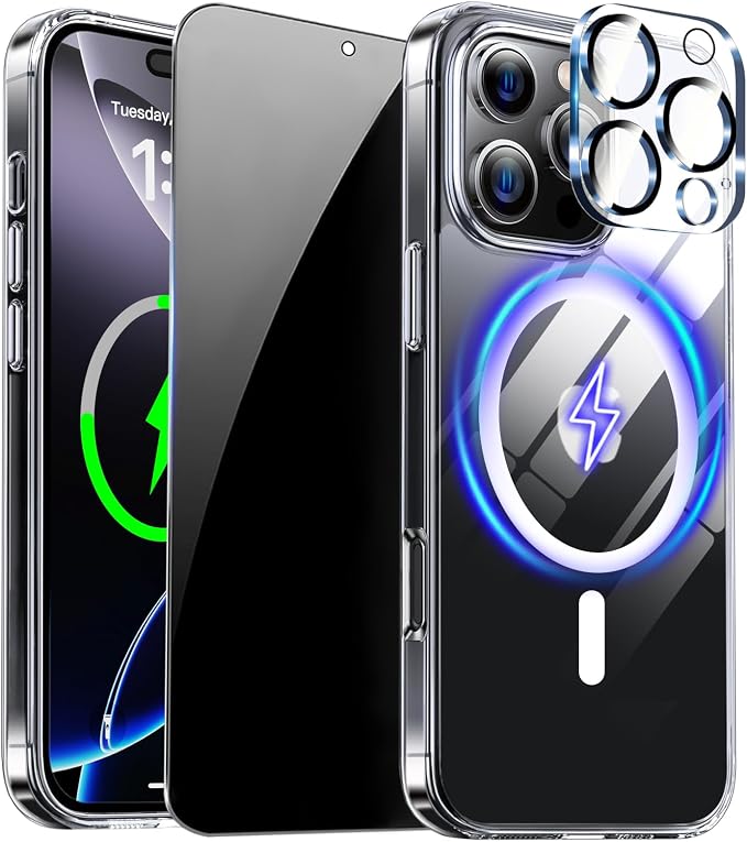 Magnetic for iPhone 16 Pro Max Case Clear with Privacy Screen | Full Camera Protector, Compatible with MagSafe, with Privacy Screen Protector, Shockproof Phone Cover, Transparent by ZOZDOKG