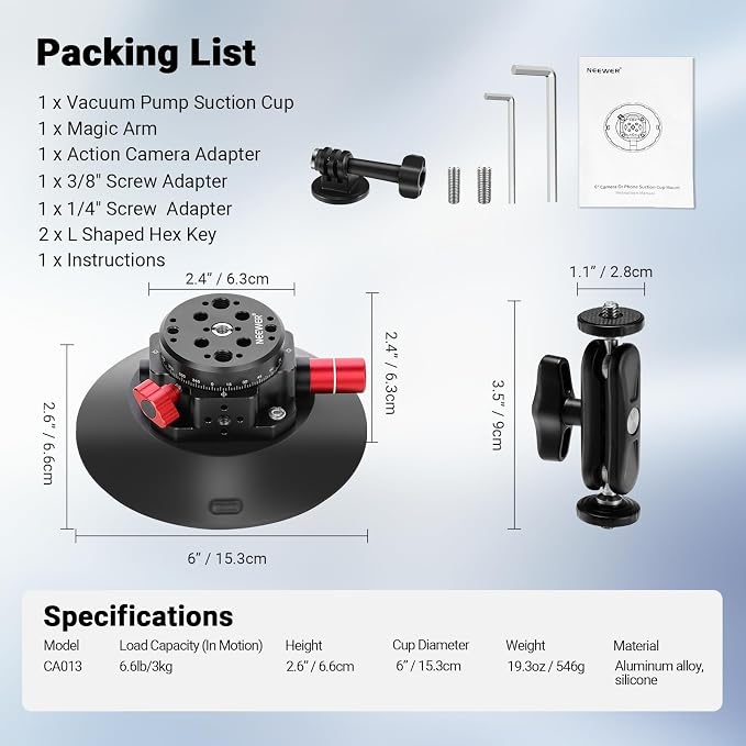NEEWER 6"/15.2cm Camera Suction Cup Mount with Ball Head Magic Arm, Metal Suction Cup Mount on Car Windshield Dash for Camera/Action Camera/Phone Holder, with 1/4" & 3/8" Mounting Holes for ARRI - Image 9