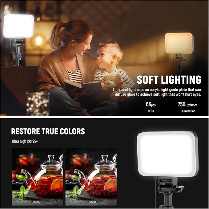 NEEWER Basics 2 Pack LED Video Light Panel Lighting Kit, Bi Color Dimmable Portable Studio Lights with Stands & Filters, 3200K-5600K 750lux CRI95 for Video Recording Live Streaming Photography, BP66 - Image 3