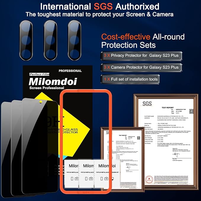Milomdoi Privacy Screen Protector for Samsung Galaxy S23 Plus | 3+3 Pack, 9H Tempered Glass, Camera Lens Protector, Military Grade Shatterproof, Easy Installation, No Bubbles - Image 7