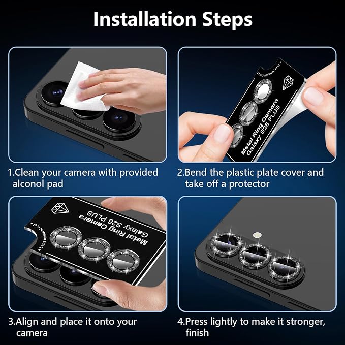 for Samsung Galaxy S26 Plus Camera Lens Protector, Individual Metal Ring Tempered Glass Lens Cover, [Strong Adsorption] Scratch Resistant Ultra-Thin HD Clear Lens Cover, 1 Set-Black Sparkly - Image 7