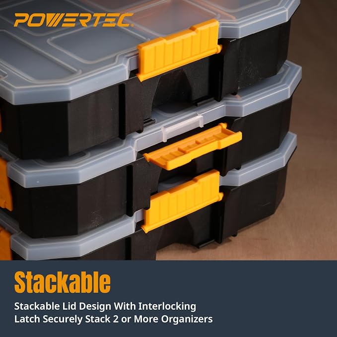 POWERTEC Stackable Tool Box Organizer with Removable Dividers - 17 Compartments, Interlocking, Portable Design, 2-Pack (72118-P2) - Image 4