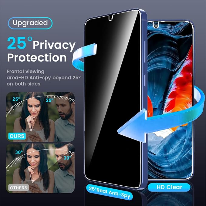 letosan 3 Pack Privacy Screen Protector for Samsung Galaxy S25 FE Tempered Glass + 2 Pack Camera Lens Protector, True 25°Anti Spy, 9H+ Hardness, Fingerprint Unlock, Case Friendly Bubble-Free 6.7Inch - Image 2