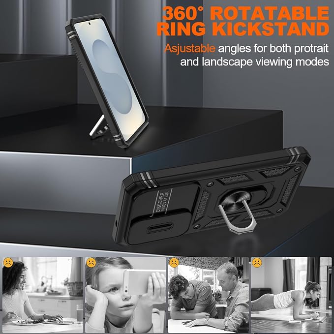 Gritup for Samsung Galaxy S26 Case with Slide Camera Cover | 2*Screen Protector, Build in 360° Rotating Ring Kickstand, Military Grade Protective Cover for Samsung S 26, Black - Image 7