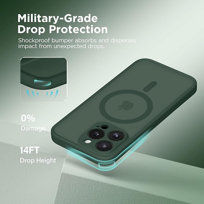 CAPRARO for iPhone 13 Pro Case, Compatible with MagSafe | Upgraded [Full Camera Protection] Shockproof Protective Slim Translucent Matte Magnetic Phone Case 6.1'', Deep Green - Image 5