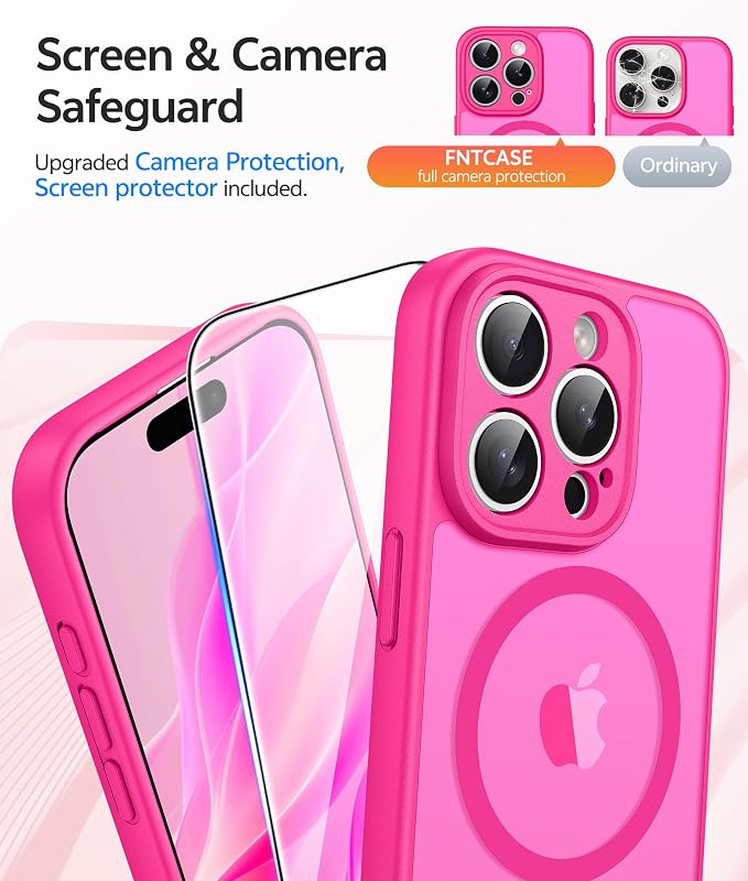 FNTCASE for iPhone 15 Pro Case, Fit for Magsafe, Screen Protector, Hot Pink | Full Camera Protection, Translucent Matte, 14FT Military Grade Drop Proof, Shockproof Protective Phone Cover - Image 4