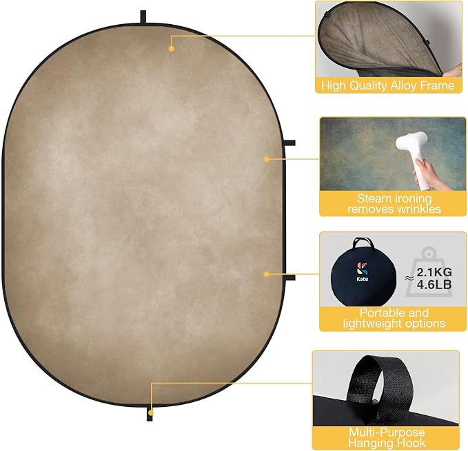 Kate Collapsible Backdrop Tan Gray Green Reversible Pop Up Backdrop 138 | Tan Gray Green Collapsible Backdrop, 5x6.5ft(1.5x2m), for Portrait, Self Tape, Video Conference - Image 7