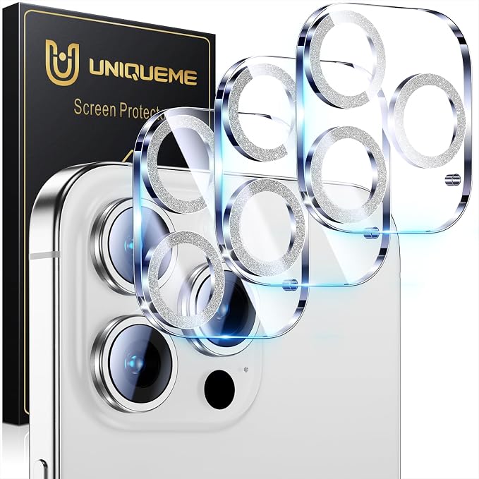 UniqueMe for iPhone 15 Pro/15 Pro Max Camera Lens Protector-Glitter Silver | 3 Pack, Drop Protection, Case Friendly, 9H Tempered Glass, Camera Cover Screen, Update New Version by UniqueMe