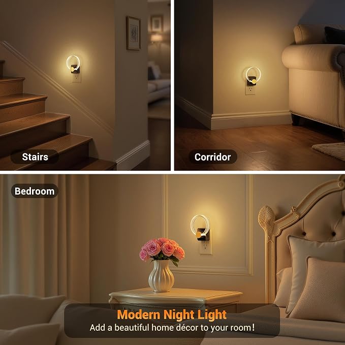 JandCase Night Light, Night Lights Plug into Wall, Dimmable Nightlight | 2 Pack,Dusk to Dawn Sensor, 180° Rotatable Round Plug in Nightlights, LED Circle Acrylic Night Light for Bathroom Kids - Image 4