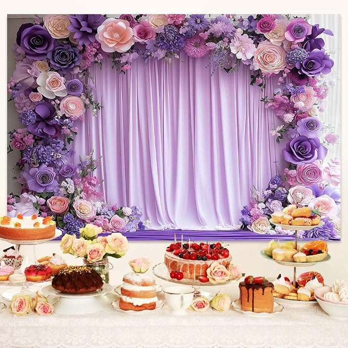 8X6ft Purple Flower Wall Background Photography Lavender Backdrop for Parties Wedding, Girls Birthday Princess Weeding Bridal Shower Purple Floral Anniversary Ceremony Decor. - Image 2