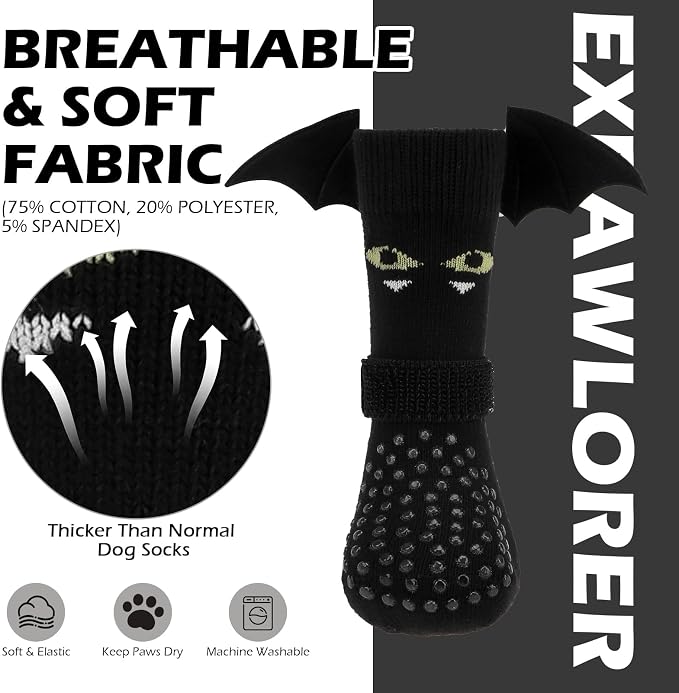 EXPAWLORER Halloween Anti Slip Dog Socks to Prevent Licking Paws, Boots & Paw Protectors with Grippers,Doggie Booties for Hardwood Floors for Small Medium Large Senior Dogs Costume Black Devil Wings L - Image 6