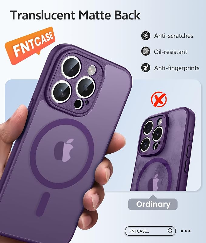 FNTCASE for iPhone 15 Pro Max Case, Fit for Magsafe, Glass Screen Protector | Full Camera Protection, Translucent Matte, 14FT Military Grade Drop Proof, Shockproof Protective Phone Cover, Purple - Image 6