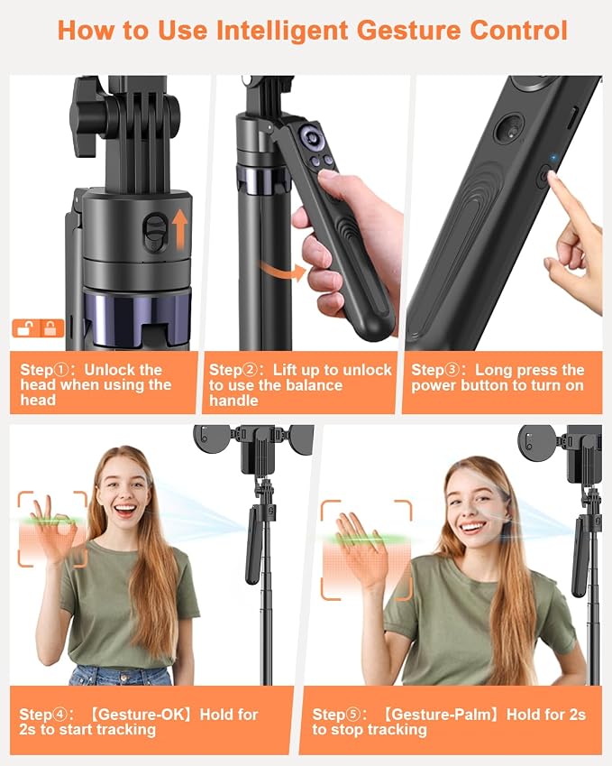 Yeaki 71” Auto Face Tracking Tripod for iPhone with Light,360° Rotating Phone Stand with Rechargeable Remote Control for TikTok Vlog Video Recording, Phone Tripod for Android Camera/GoPro/Ring Light - Image 8