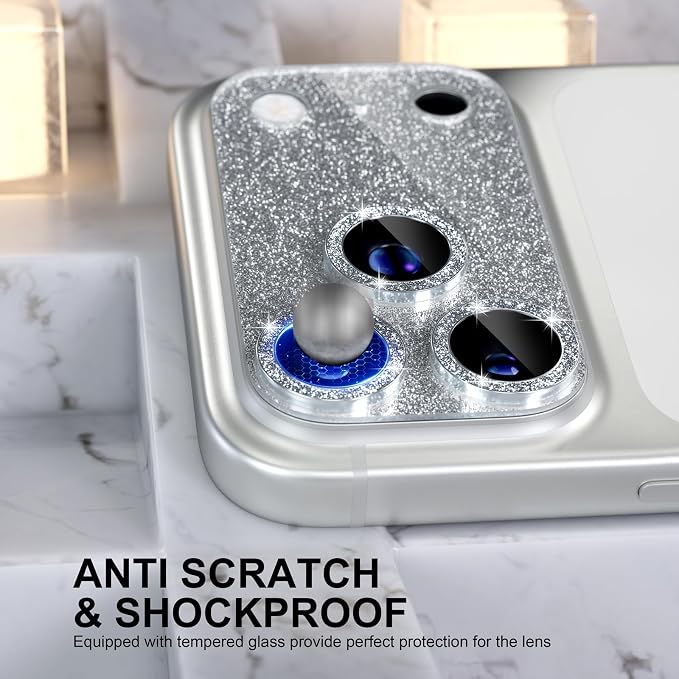Choiche for iPhone 17 Pro Camera Lens Protector, Glitter-Silver | Bling Metal Camera Cover with 9H Tempered Glass Lens Screen Protector Accessories, Strong Adsorption, Case-Friendly, 6.3-inch - Image 3