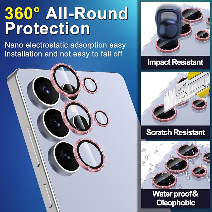 for Samsung Galaxy S25 Ultra Camera Lens Protector, Individual Metal Ring Tempered Glass Lens Cover, [Strong Adsorption] Scratch Resistant Ultra-Thin HD Clear Lens Cover, 1 Set-Pink Sparkly - Image 3