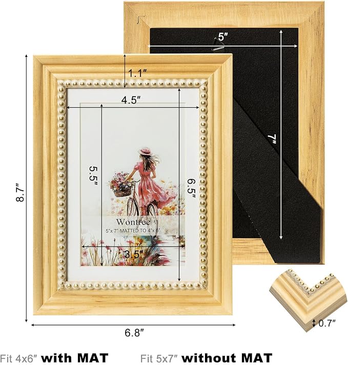 5x7 Picture Frame in Nature with Gold Beaded Border, Pine Wood with Real Glass, Display 5x7 Photos Matted to 4x6, Vertical and Horizontal Desk Tabletop or Wall Hanging - Image 3