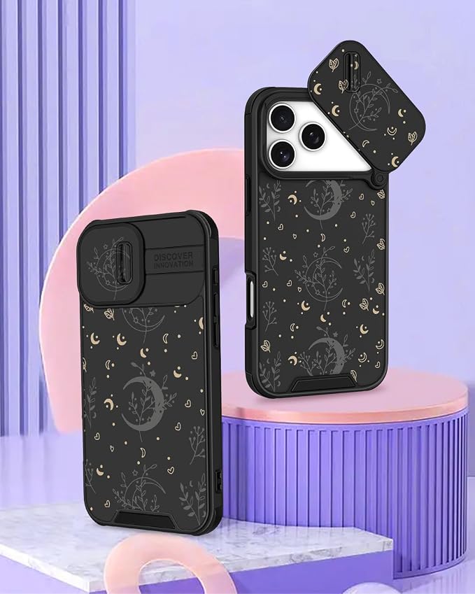 for iPhone 17 Pro Max Case - Women Cute Phone Cover Girly Pretty Unique Aesthetic Design Slide Camera Cover Protective Case for Apple for iPhone 17 Pro Max, Black Moon Stars - Image 4