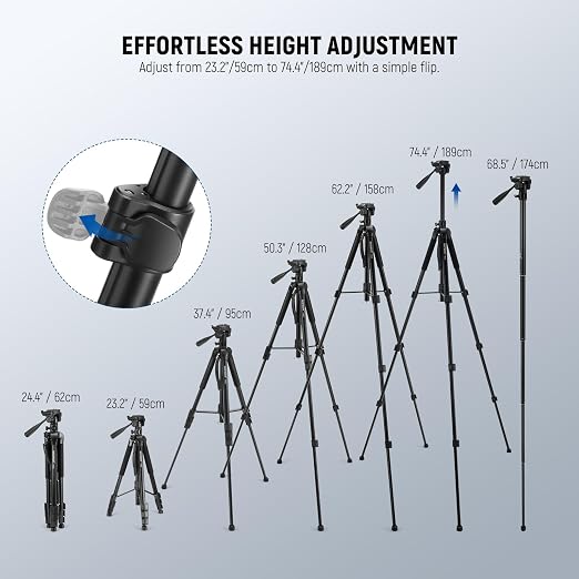 NEEWER Basics TP05 74" Video Tripod Monopod, 3 Way Pan Tilt Head Phone Holder Compatible with iPhone DSLR, Travel Recording Stand, Overhead Camera Mount, Crossbar, 17.6lb Load - Image 2