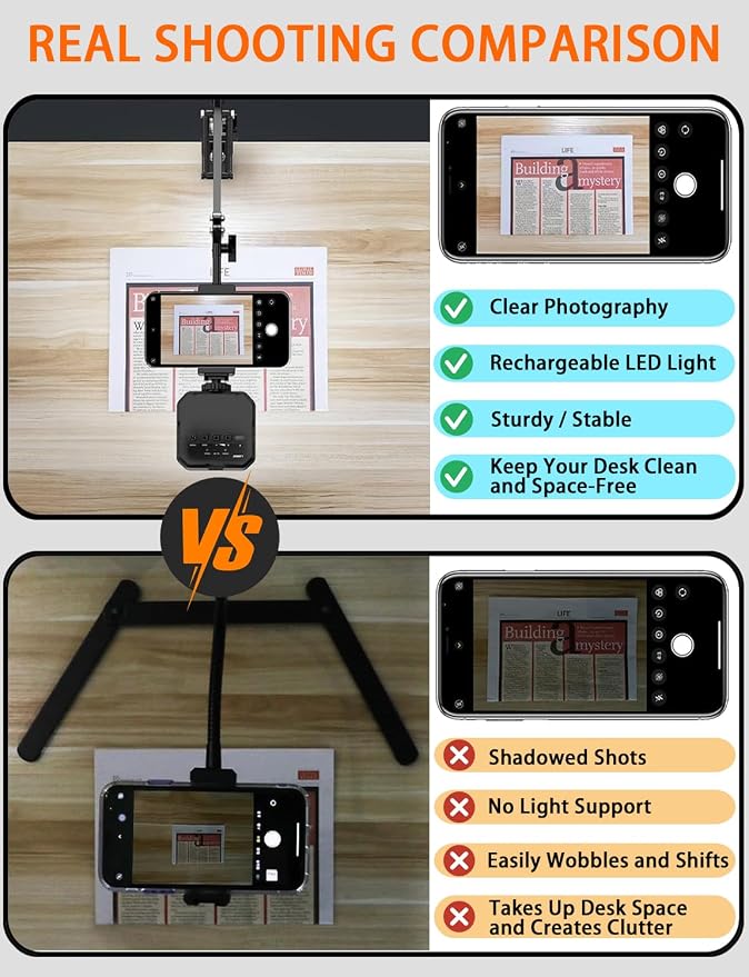 Overhead Phone Mount with LED Light, Articulating Arm Cell Phone Holder | Selfie Light with Adjustable Brightness, Flexible Phone Stand for Live Streaming, Video Recording, Cooking and Painting - Image 5