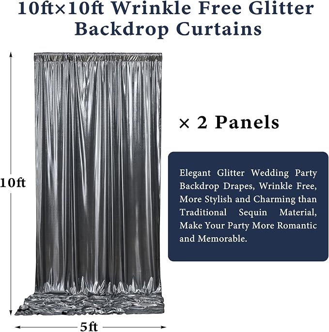 Outpain Thick 10 ft x 10 ft Black Silver Sequin Backdrop Curtain for Parties, Wrinkle Free Glitter Photo Backdrop Drapes 2 Panels 5x10ft Black Silver Back Drop Cloth for Wedding Photography Background - Image 7