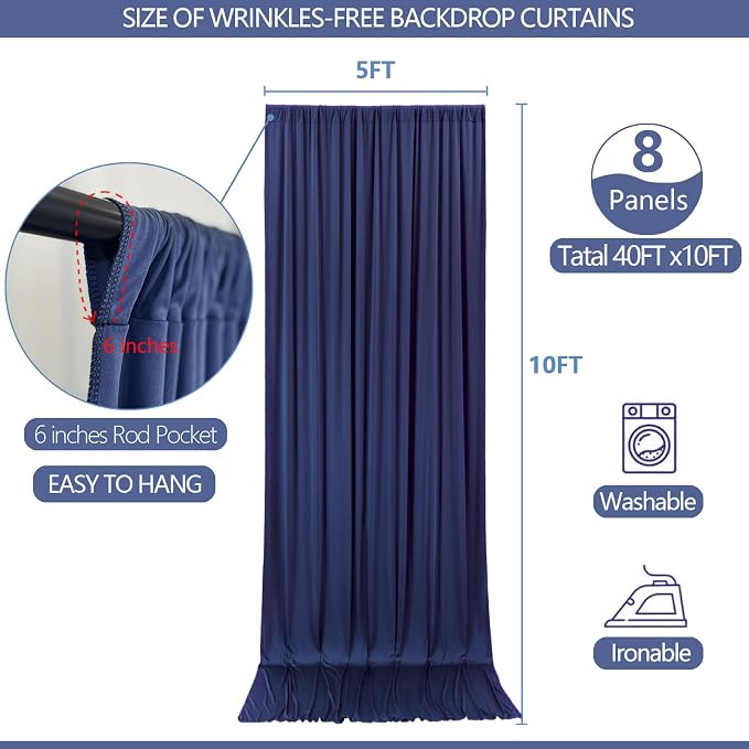 ESGOTBME 40x10ft Wrinkle Free Navy Blue Backdrop Curtain for Parties Soft Fabric Drapes Wedding Curtain Backdrop for Birthday Party Decorations Background for Photography 5x10ft, 8 Panels - Image 2